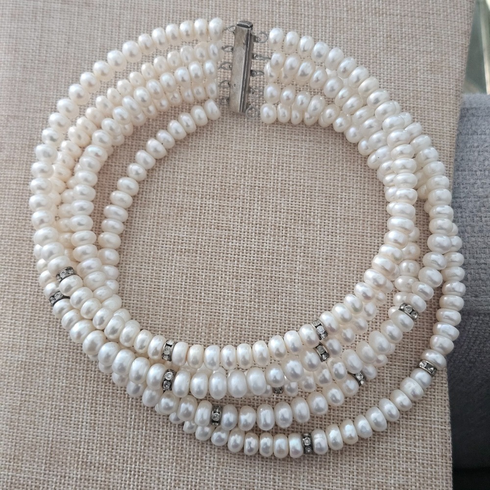 Sterling Silver 925‎ German Five Strand Mother of Pearls Vintage Chocker